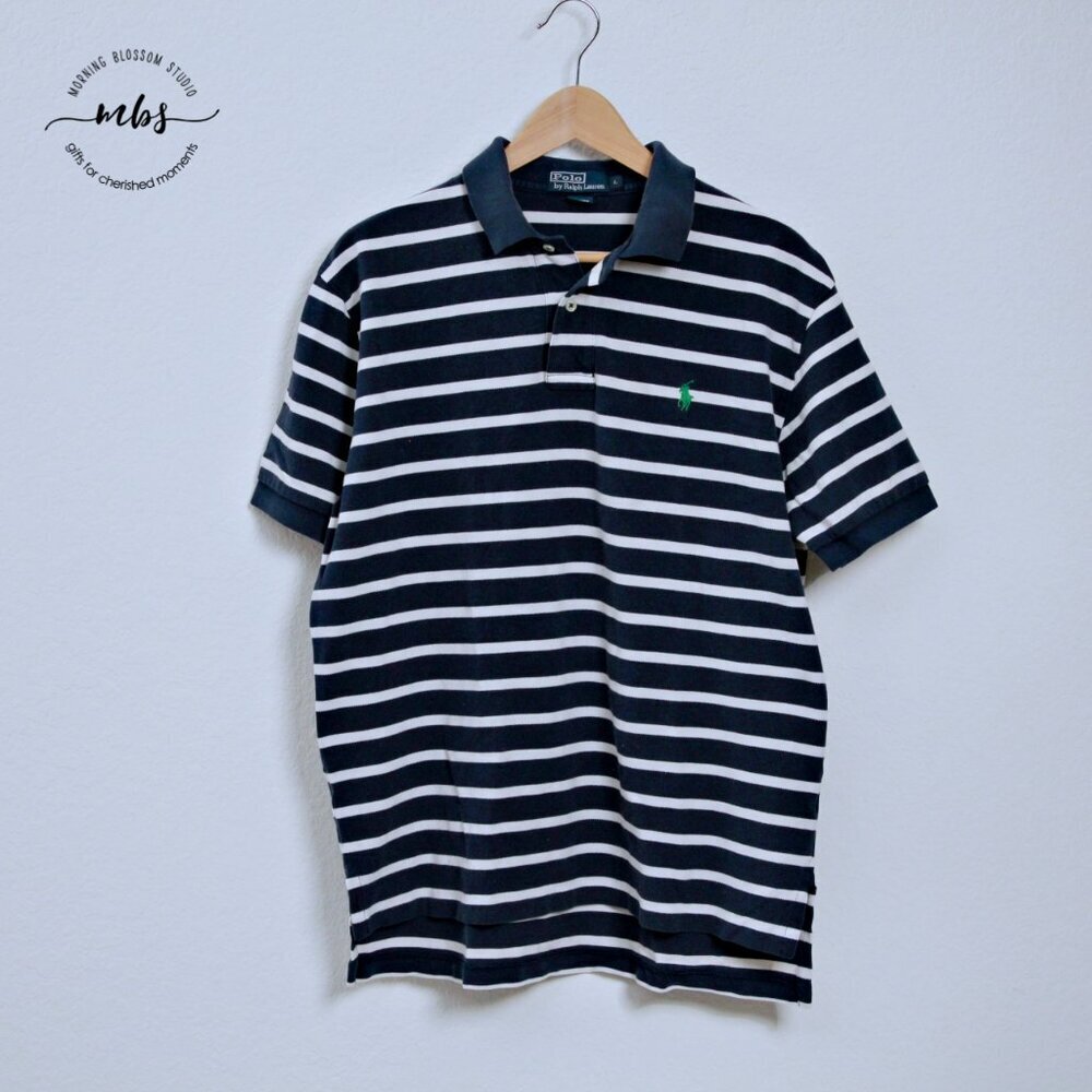Polo Ralph Lauren Striped Polo Preppy Ivy League Sporty Chic Navy White Men L
